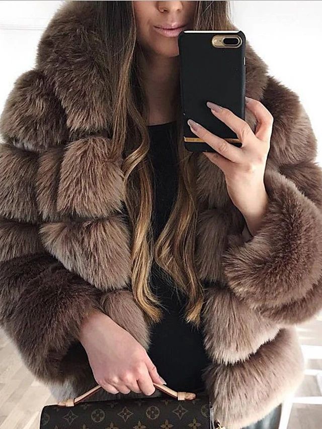 [$99.99] Women's Faux Fur Coat Daily Fall Winter Regular Coat Loose Elegant & Luxurious Jacket Lo... | Light in the Box