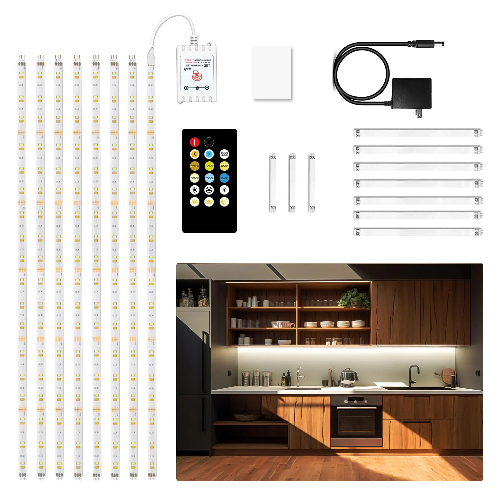 KIWDZFU 8 Piece Under Cabinet Lighting Kit Flexible LED Strip Lights with Remote Dimmable Warm to Daylight White 13.2 Feet for Kitchen Cabinets | Lowe's