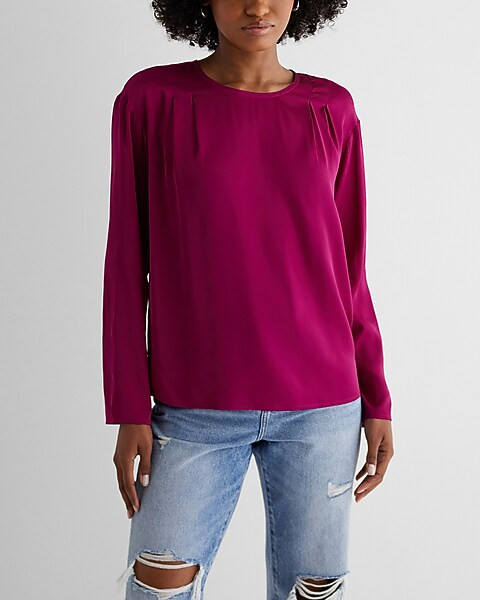 Satin Long Sleeve Pleated Gramercy Tee | Express