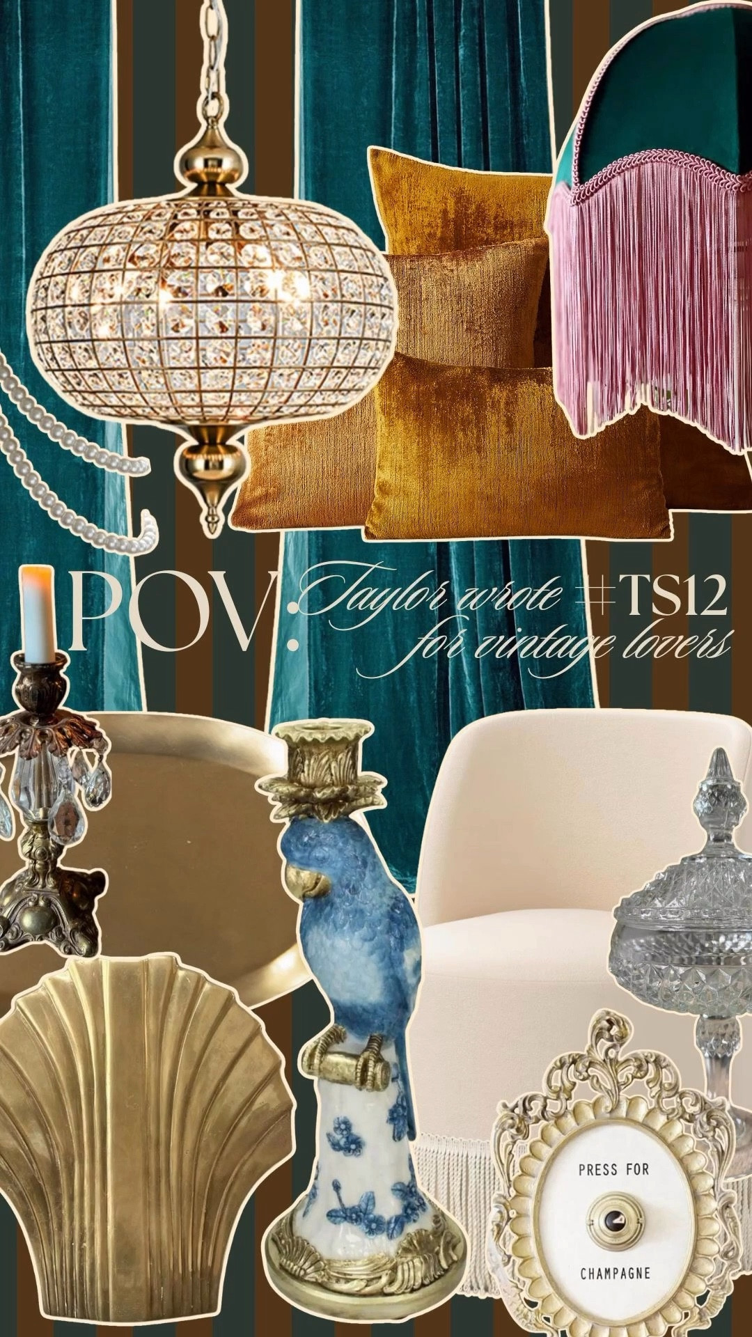 victorian velvet, pearls, old Hollywood glamour, and all the drama you can display ✨because  some rooms deserve a little luxe nostalgia from Taylor’s Life of a Showgirl

#ts12 #vintagevibes #taylorswift #luxeinteriors 
#vintagehollywood #antiquehome

Featuring Joss & Main velvet curtains, Etsy vintage pieces, brass from Roan & Iris, Crate & Barrel pillows, and fringe chair from Target 

#LTKHome #LTKParties #LTKFindsUnder100
