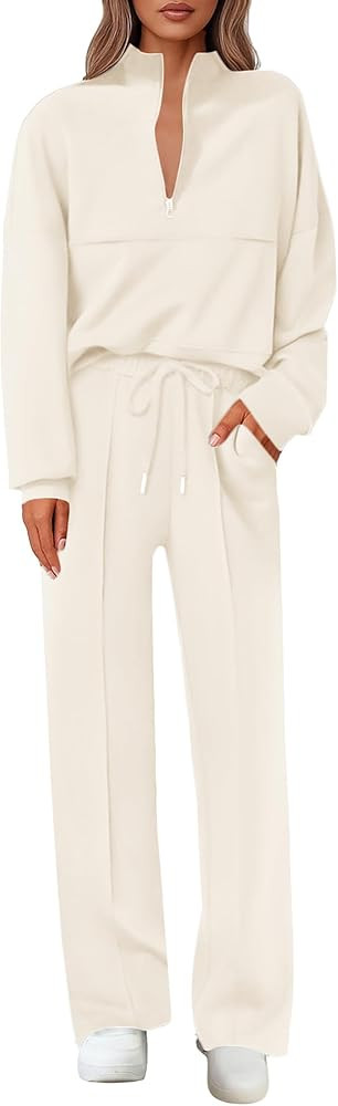 Lazysmile 2 Piece Sets For Women Lapel Half Zip Sweatshirt and Wide Leg Long Pants Sweatsuit Loun... | Amazon (US)