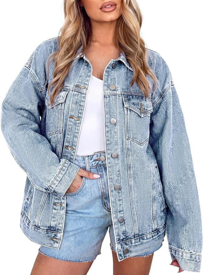 Glamaker Womens Denim Jacket Oversized Button Down Fall Jean Jacket Coat | Amazon (US)