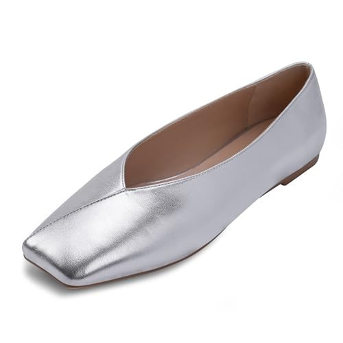 yowmns Women's Silver Soft Ballet Flats Elegant Slip On Square Toe Walking Single Shoe (Silver, 7.5) | Amazon (US)