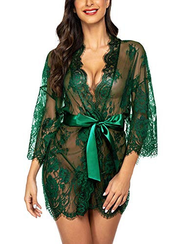 Avidlove Women's Lace Kimono Robe Babydoll Lingerie Mesh Nightgown Dark Green | Amazon (US)
