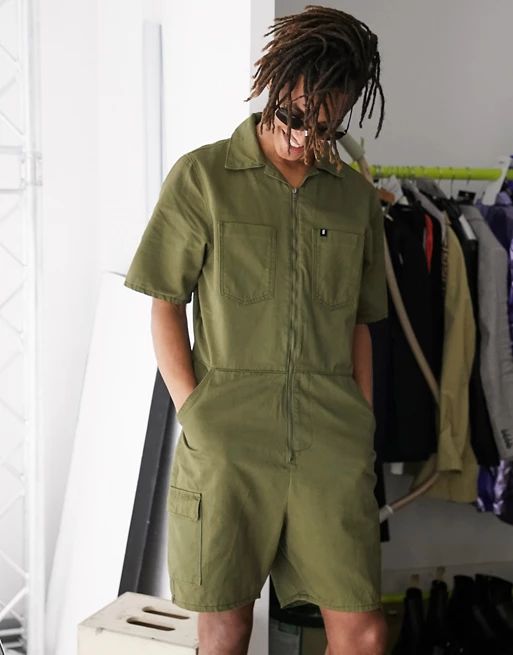 One Above Another denim short jumpsuit in khaki | ASOS (Global)