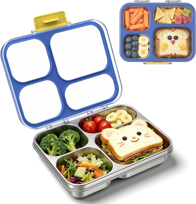 Stainless Steel Lunch Box for Kids, Leakproof 4 Compartment Kids Bento Lunch Box with Clear Lid, ... | Amazon (US)