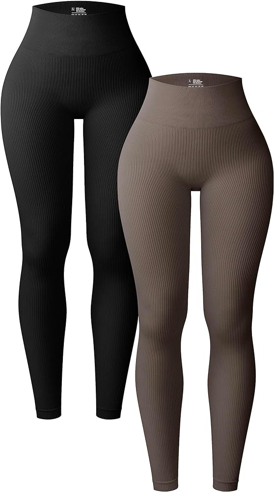 OQQ Women's Ribbed Seamless 2 Piece Yoga Leggings, High Waist Athletic Workout Pants | Amazon (US)