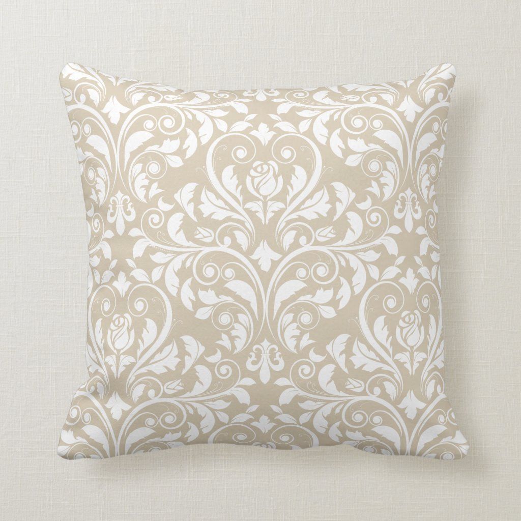 Large Rosebud Vintage Damask Pattern Sand Beige Throw Pillow | Zazzle
