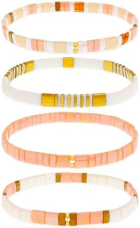 Tila Flat Beaded Bracelets Set for Women, 4Pcs Trendy Handmade Glass Beads Stack Stretch Bracelet... | Amazon (US)