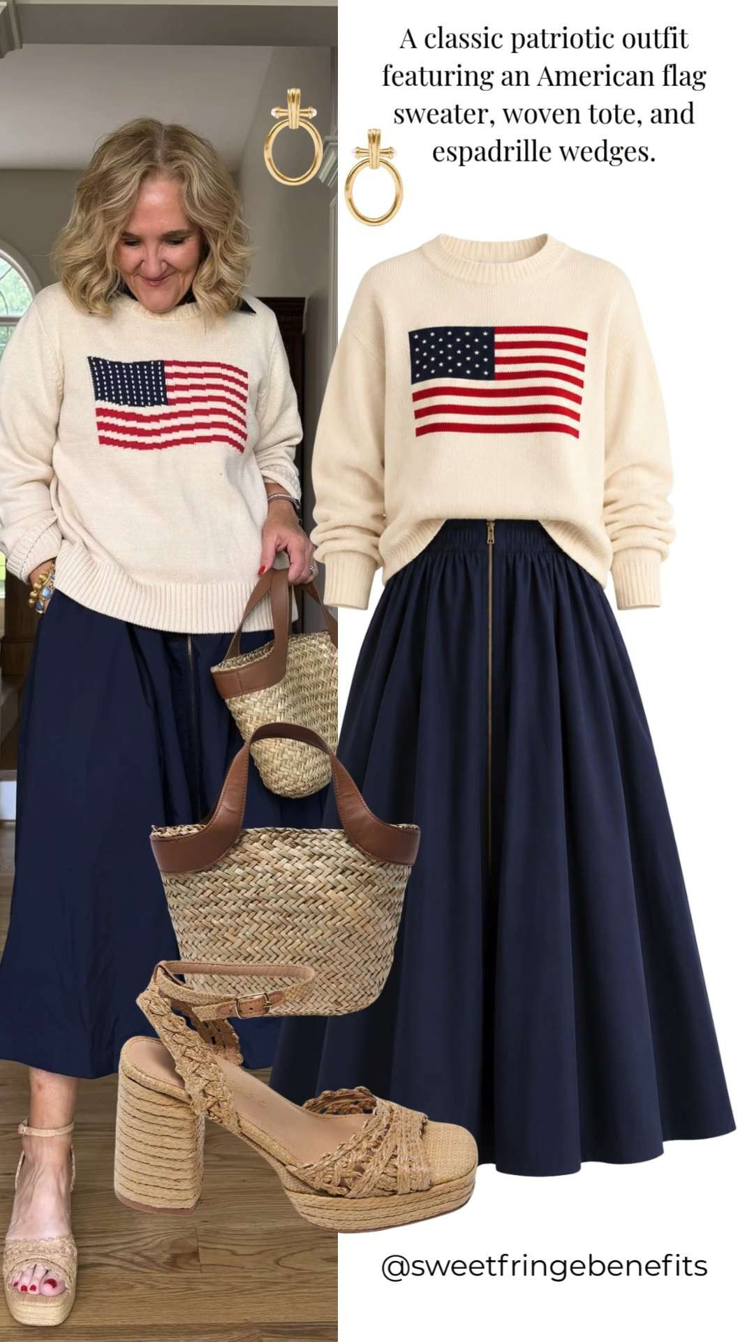 This is such a fun way to wear patriotic style without feeling overly themed. ❤️🤍💙

I love pairing this American flag sweater with a flowy navy dress for a look that feels classic, comfortable, and effortlessly chic. It's perfect for those cooler summer mornings, evenings by the water, or holiday celebrations when you need a light layer. 

 #LTKootd #LTKSeasonal #LTKOver40