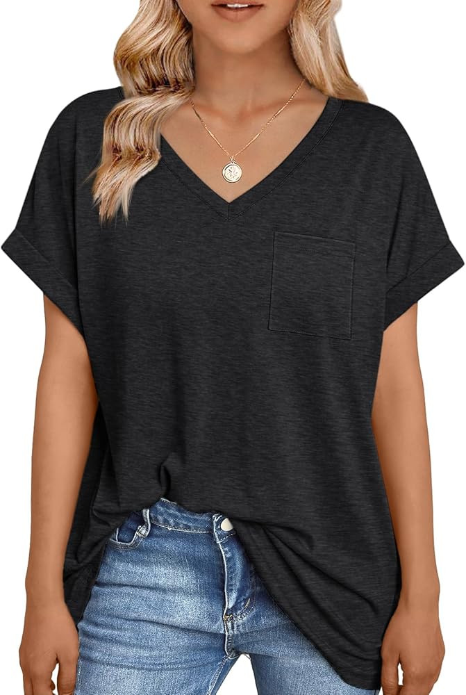 AUTOMET Womens Tops Short Sleeve V-Neck Shirts with Chest Pockets Loose Casual Basic Tees Summer ... | Amazon (US)