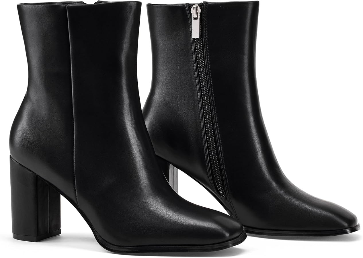 Elisabet Tang Women Ankle Boots 3 Inch Chunky Heel Side Zipper Ankle Booties with Square Toe | Amazon (US)
