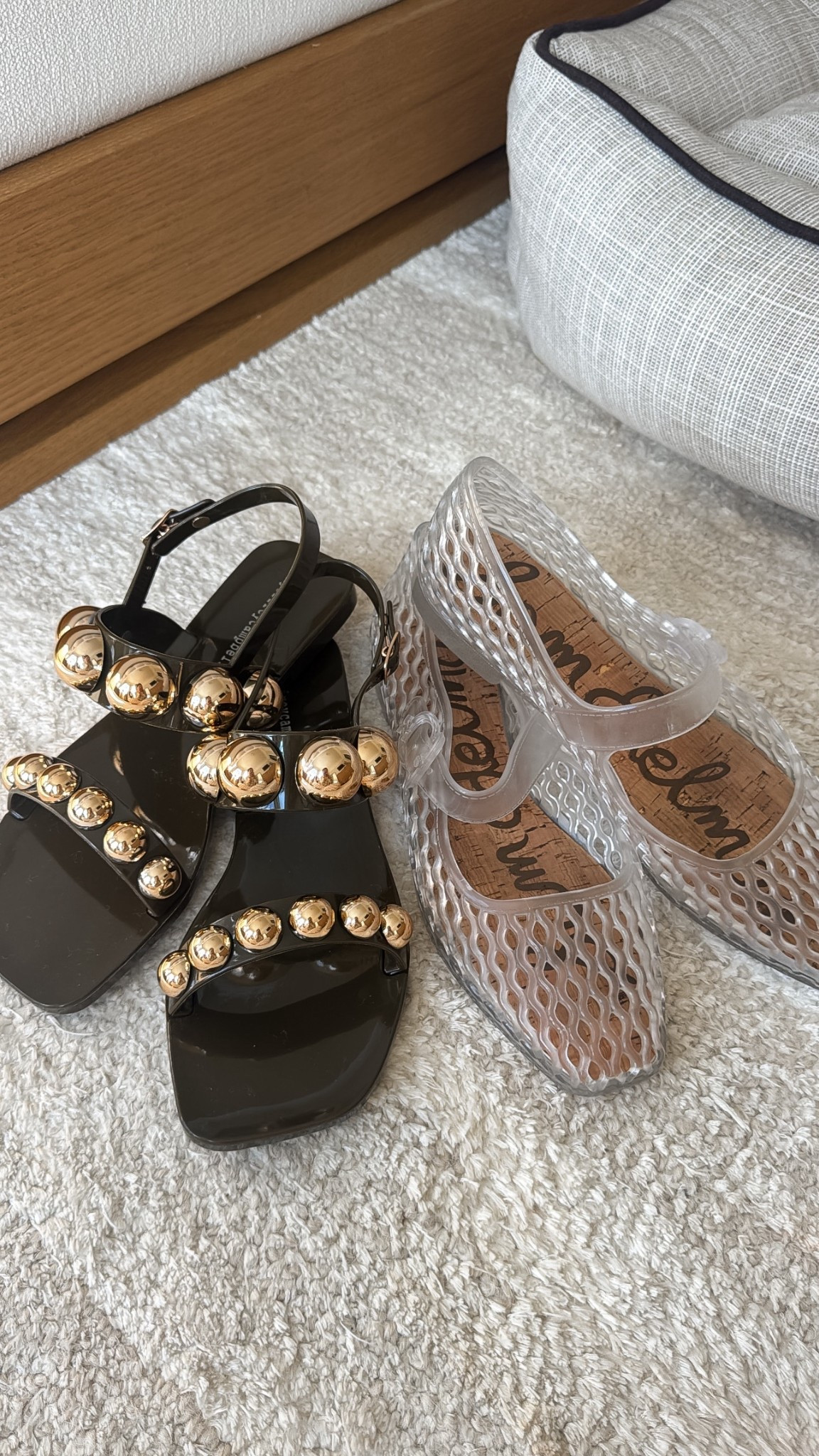 Jelly sandals and flats for spring! 

Both true to size and comfortable 

Jelly sandals are in the khaki gold color but I might swap for dark brown!