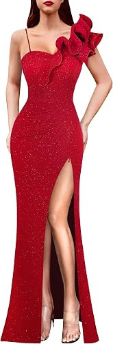 VFSHOW Womens Ruffle One Shoulder Strap Ruched Formal Prom Wedding Maxi Dress V Neck Elegant Spli... | Amazon (US)