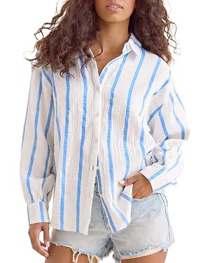 Striped Shirts Blouse for Women Boyfriend Gauze Shirt Oversized Summer Beach Top Long Sleeve Loos... | Amazon (US)