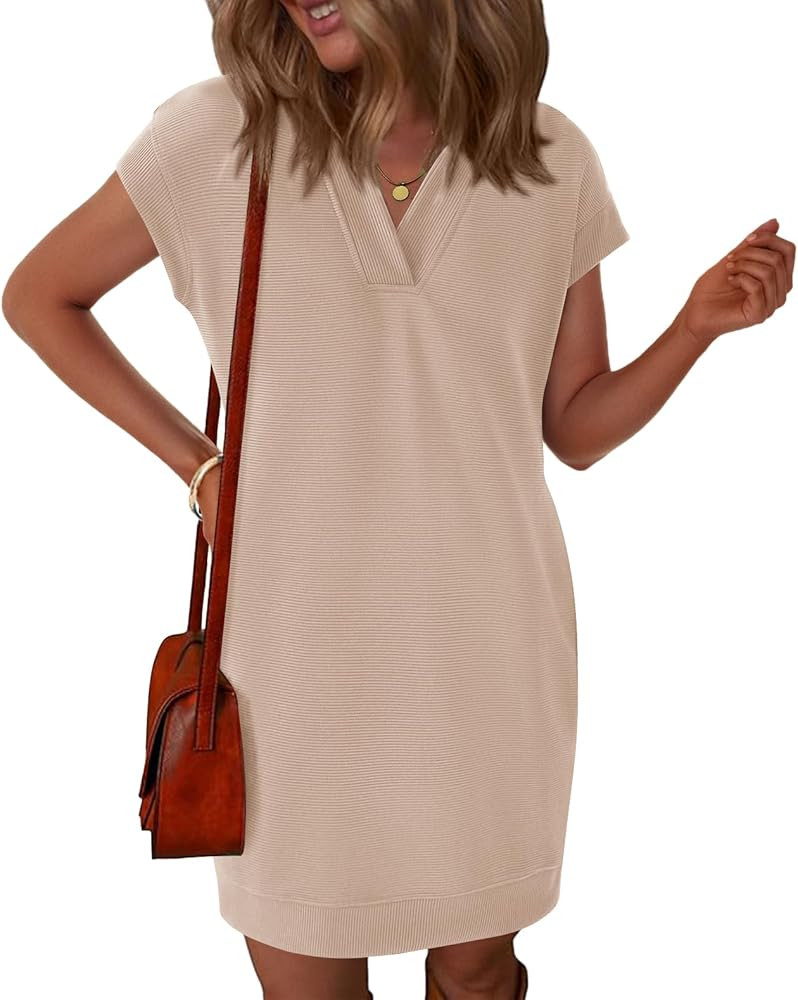 Okiwam Women's Spring Summer Dresses 2025 Casual Short Sleeve V-Neck T-Shirt Mini Vacation Sun Dr... | Amazon (US)