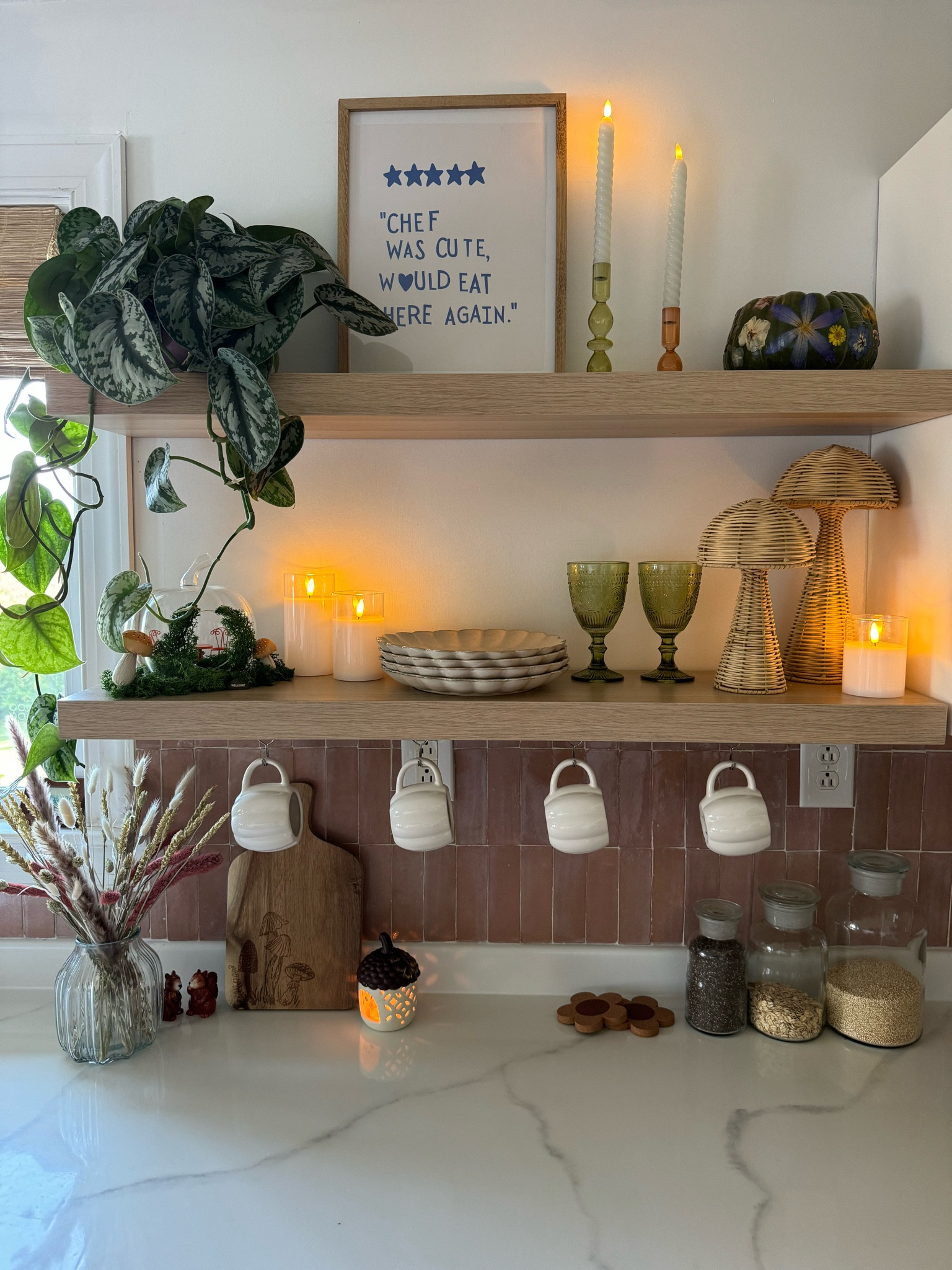 Enchanted forest fairy fall decor inspired open kitchen shelves 🧚🏼🍂✨

Boho decor | kitchen decor | home decor 

#LTKHome #LTKFallSale #LTKSeasonal