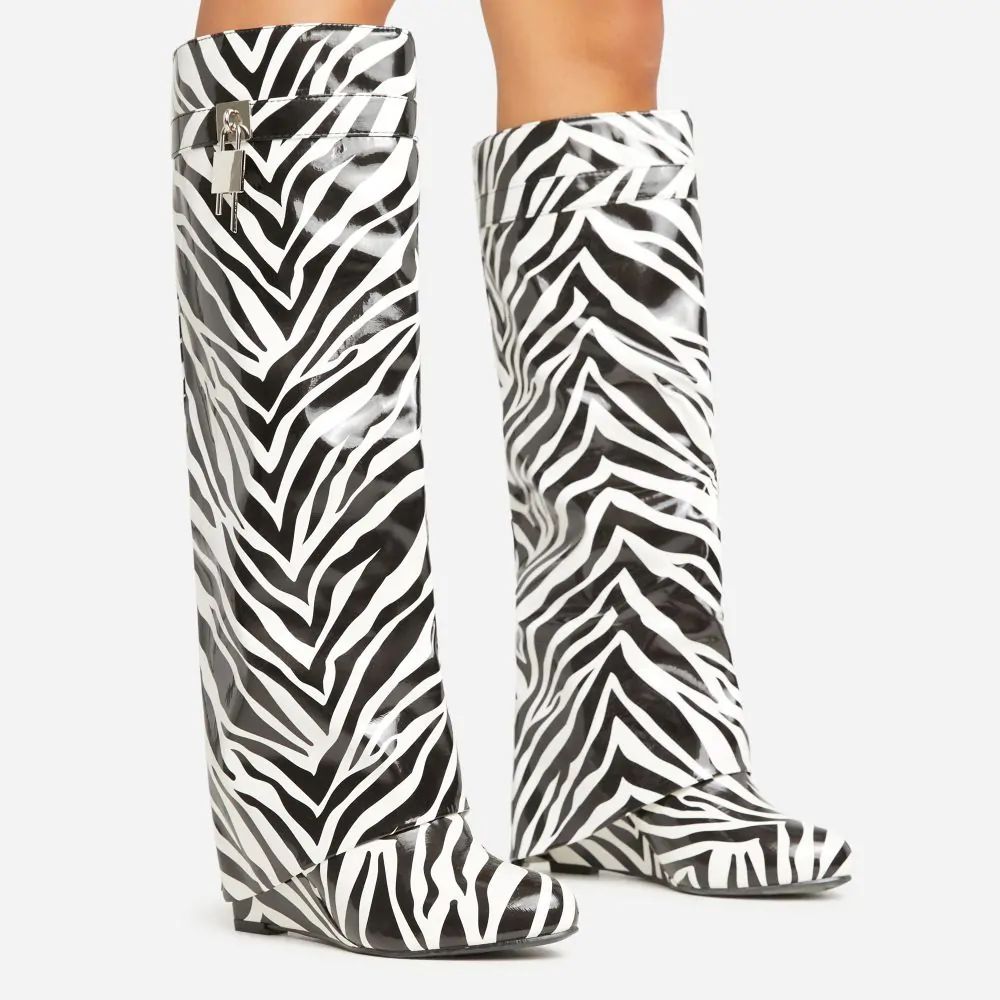 I-Am-The-One Padlock Detail Wedge Heel Knee High Long Boot In Zebra Print Patent | EGO Shoes (US & Canada)