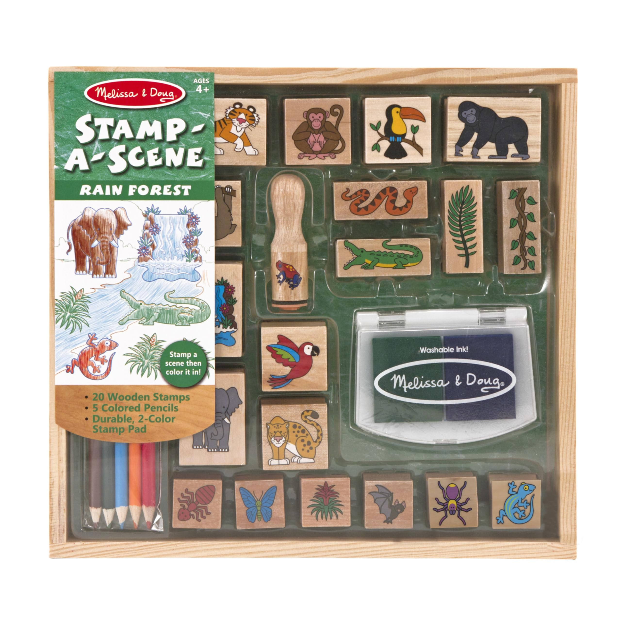 Melissa & Doug Stamp-a-Scene Stamp Set: Rain Forest - 20 Wooden Stamps, 5 Colored Pencils, and 2-... | Amazon (US)