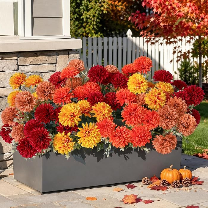 Artificial Mums for Outdoors Fall Flowers Artificial for Decoration, 12 Bundles Fake Mums Realist... | Amazon (US)