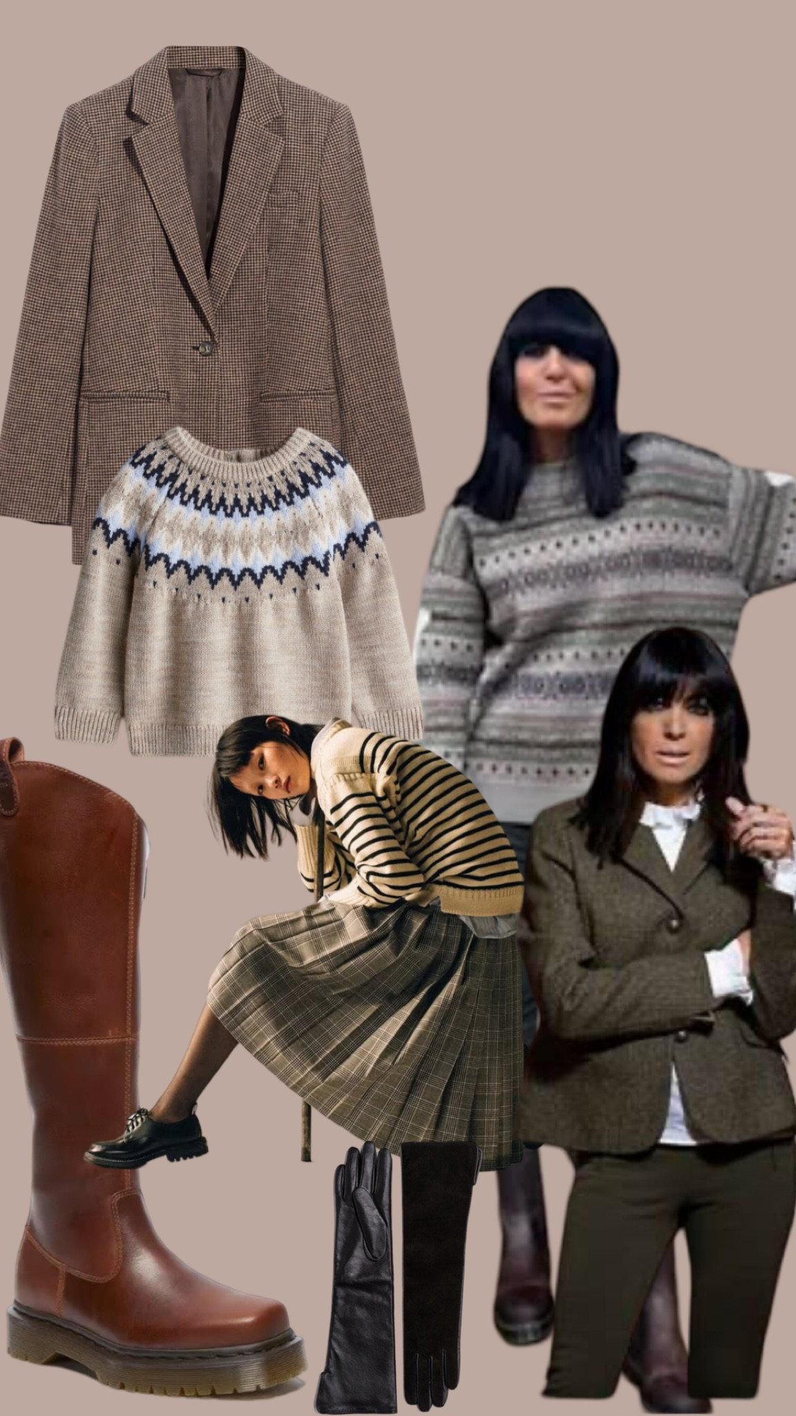 With The Traitors back on our screens - Signature Style Elements:
	•	Oversized Knitwear and Heritage Patterns: Winkleman’s ensembles often feature chunky sweaters paired with kilts or tailored trousers, reflecting a heritage-inspired yet contemporary style. This combination offers a relaxed yet polished appearance, suitable for the Scottish Highlands setting of the show.
	•	Distinctive Outerwear: Notable pieces include a heavy fringed coat from season two, adding drama and aligning with the show’s gothic theme. Such items contribute to a visually striking presence that resonates with viewers.
	•	Accessories: Winkleman incorporates unique accessories, such as red fingerless leather gloves and a ‘murder cloak’ from the sustainable brand Luxury Family Affair, enhancing the thematic elements of her outfits.

Hair and Makeup:

Her signature heavy fringe and smokey eye makeup further define her look, adding to the gothic allure that has become synonymous with her appearance on the show. This consistent styling contributes to her recognizability and the overall aesthetic of “The Traitors.”