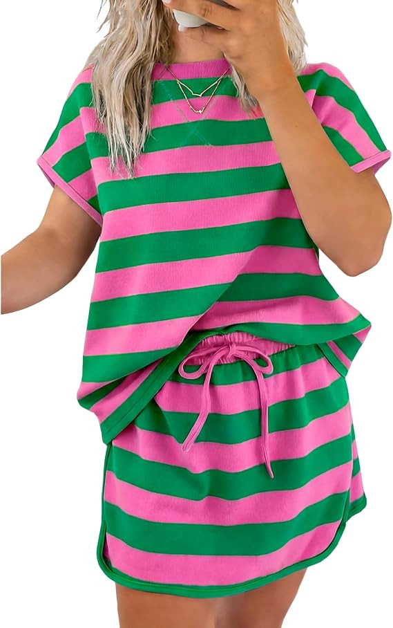 SELINK Lounge Sets for Women 2 Piece Skirt Colorblock Drop Shoulder T Shirt and Skort Set Summer ... | Amazon (US)