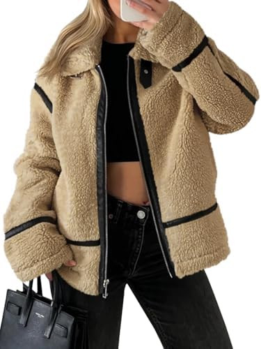 Tankaneo Womens Faux Fur Jackets Winter Trendy Sherpa Moto Leather Patchwork Zip Up Coat | Amazon (US)