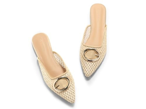 Coutgo Womens Mules Flats Metal Closed Pointed Toe Slip On Slides Summer Beach Shoes, Beige, Size 7.5 | Amazon (US)