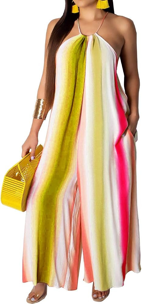 BestGirl Women's Casual Loose Plus Size Jumpsuits Stripe Print Spaghetti Strap Wide Leg Pants wit... | Amazon (US)
