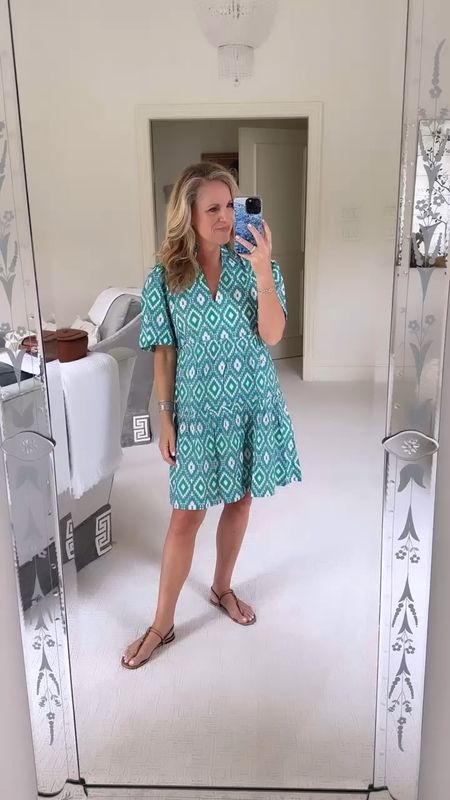 Love this Nyla geometric print dress in green, blue and white by Avara!  Paired with my YSL Cassandra sandals, I am set for summer!  

#LTKstyletip #LTKSeasonal #LTKover40