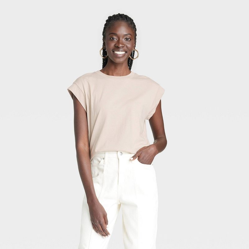 Women&#39;s Short Sleeve Extended Shoulder T-Shirt - A New Day&#8482; Beige XS | Target