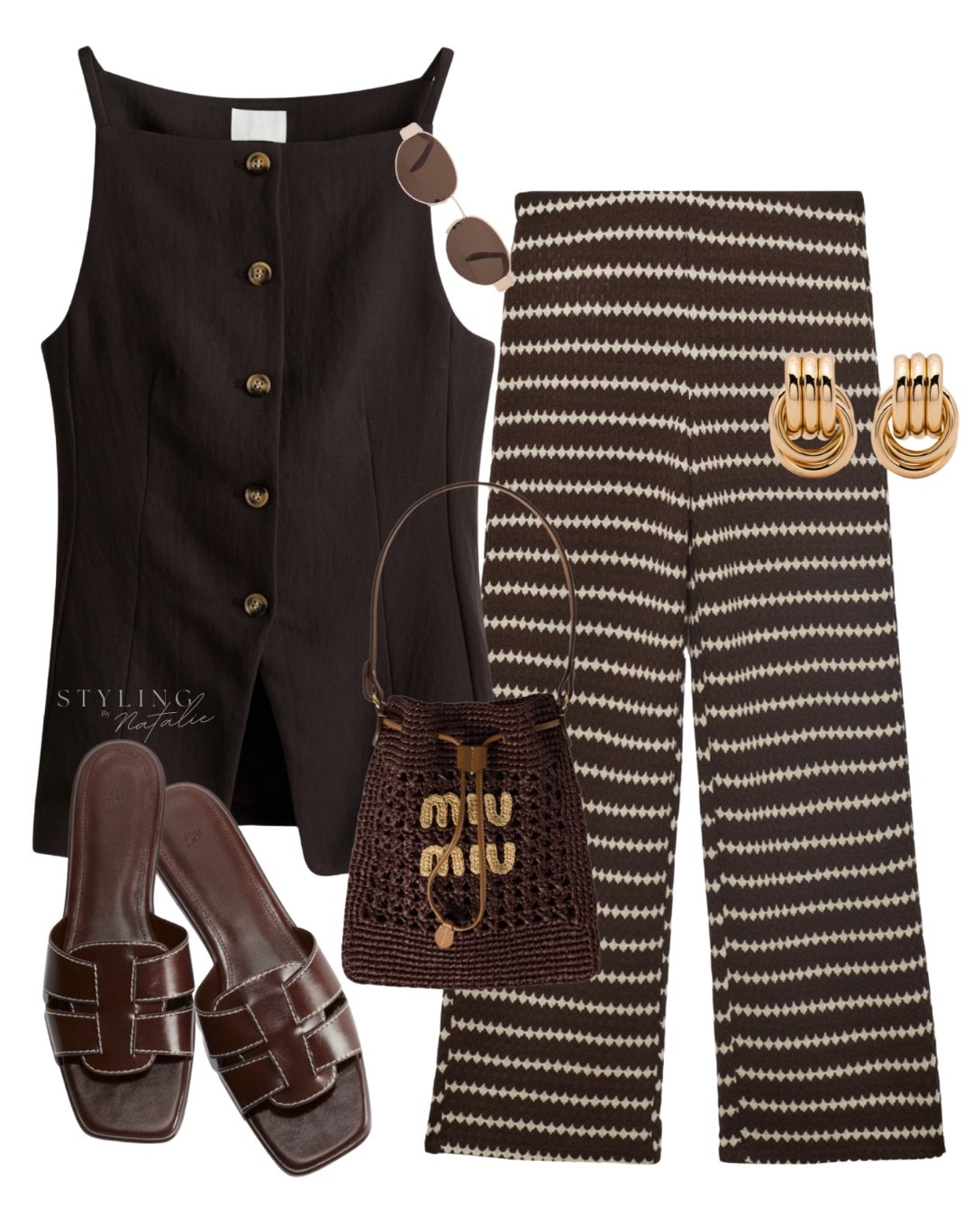 Casual chic summer outfit with pull-on pants. 
Brown tapered waistcoat, patterned pull on trousers, Miu Miu crochet tote bag, brown slides, gold earrings & Celine sunglasses. Mango, H&M, high street outfit.

#LTKmidsize #LTKsummer #LTKstyletip