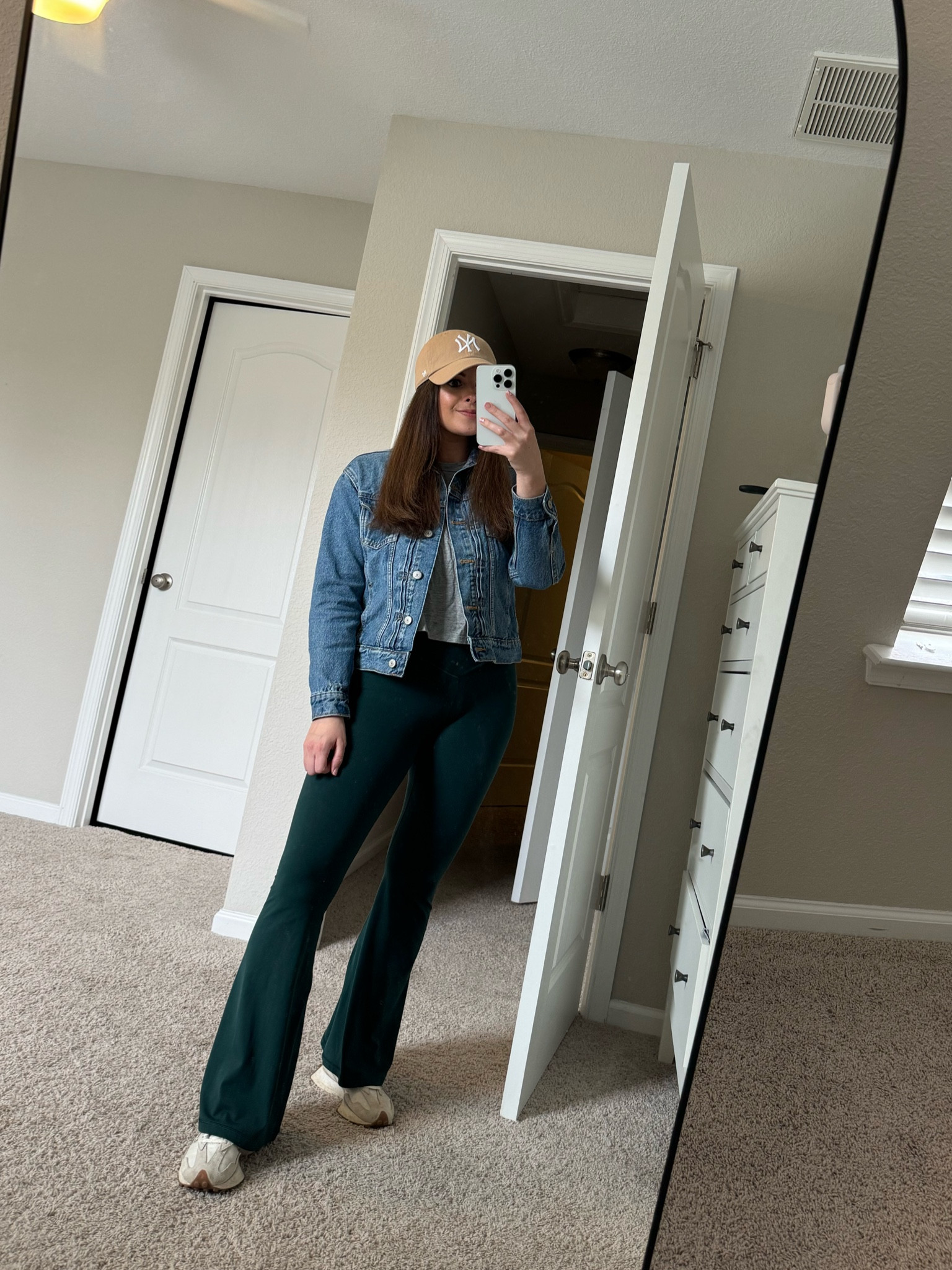 Casual spring outfit for a day of errands! 🫶🏼

Arie high waisted teal leggings, old navy jean jacket, Abercrombie baseball hat, pink lily grey cropped t-shirt 

#LTKSeasonal #LTKfindsunder50 #LTKfindsunder100