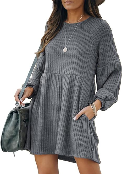 SHERRYRISE Woman's Long Sleeve Crew Neck Ribbed Knit High Waist Sweater Dress with Pockets | Amazon (US)