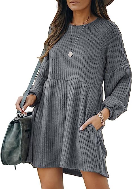 SHERRYRISE Woman's Long Sleeve Crew Neck Ribbed Knit High Waist Sweater Dress with Pockets | Amazon (US)
