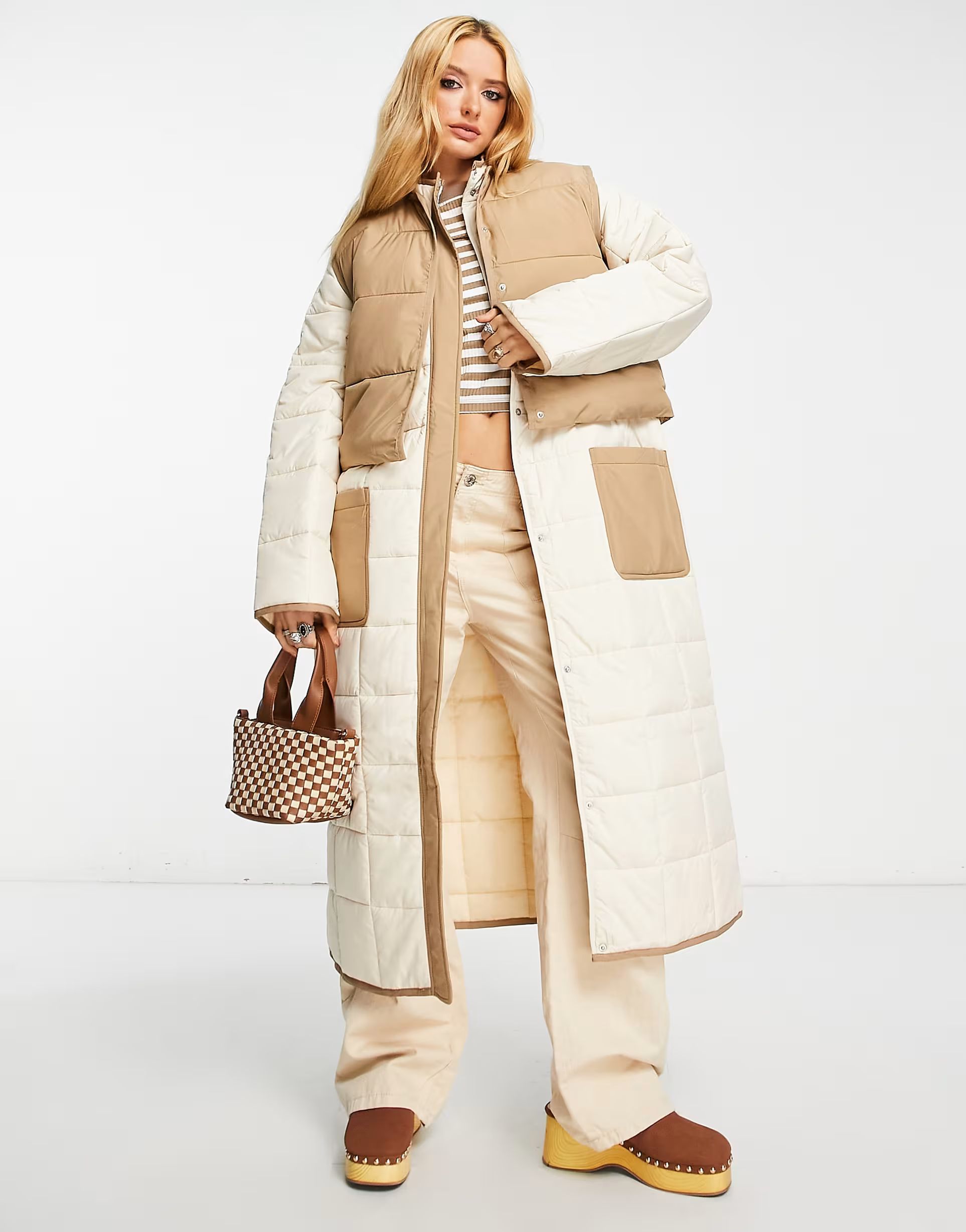 Envii 2-in-1 grid padded coat with detachable vest in beige and brown | ASOS (Global)