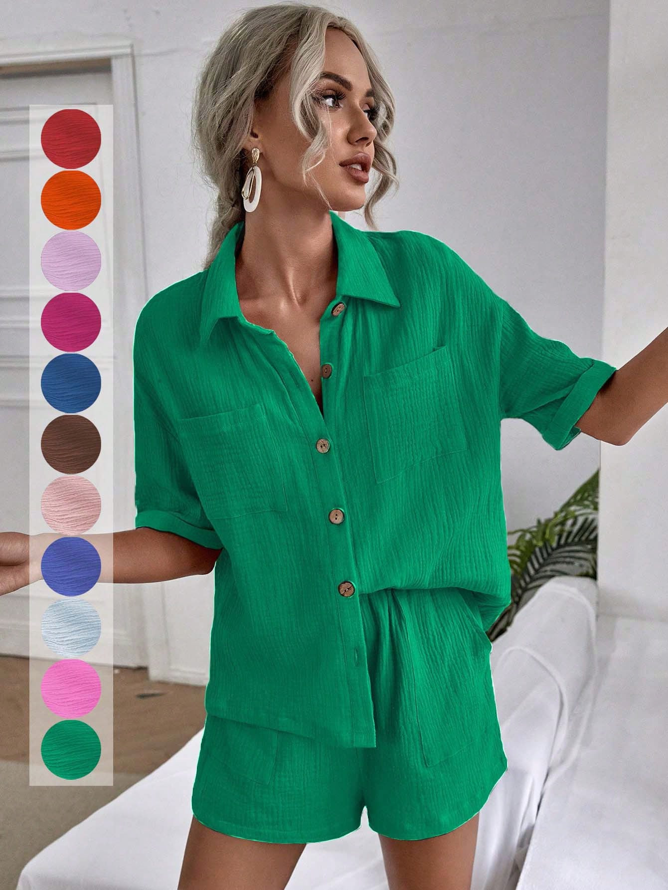 SHEIN LUNE Drop Shoulder Dual Pocket Shirt & Shorts | SHEIN EUR | SHEIN