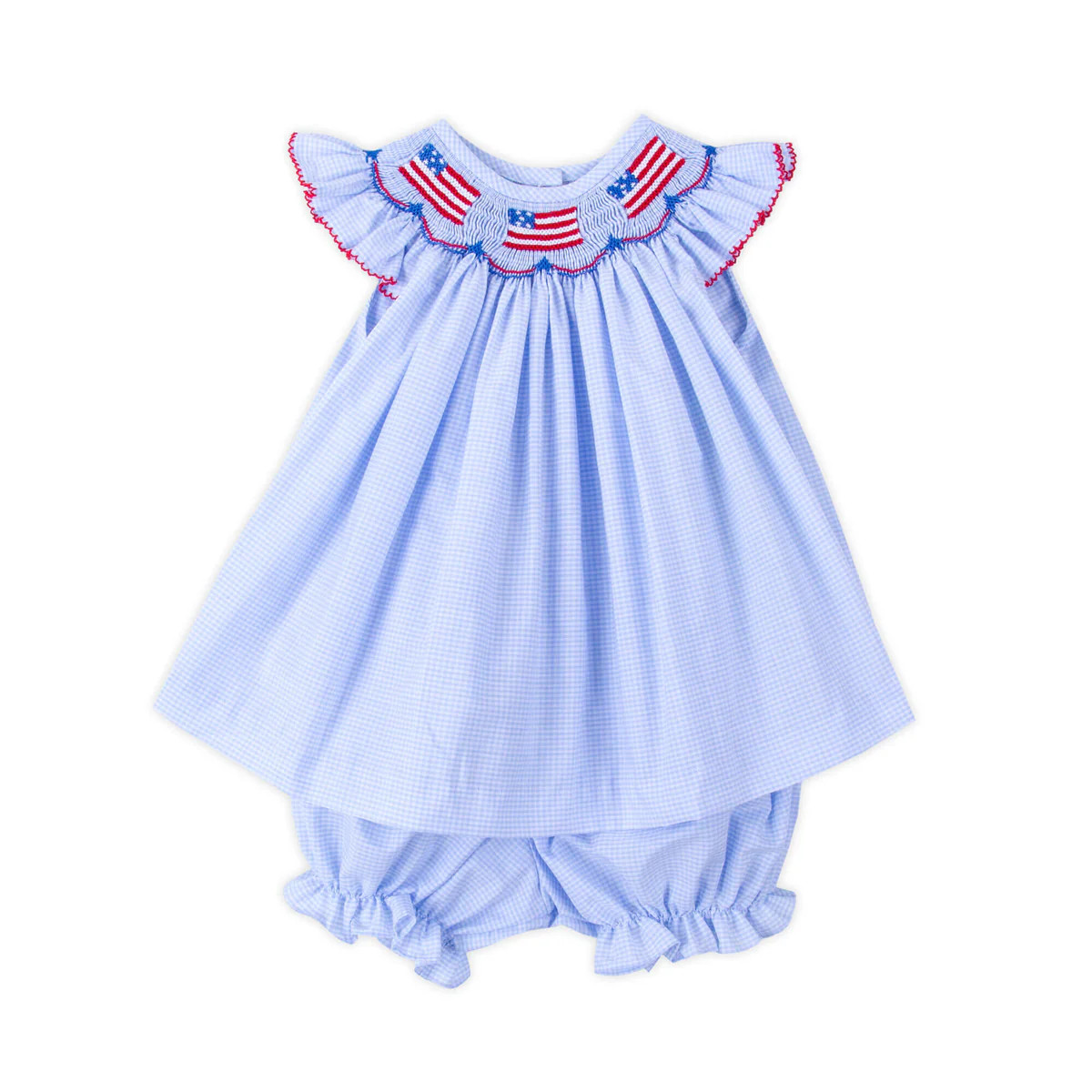 Light Blue Gingham Flag Smocked Bloomer Set | Classic Whimsy