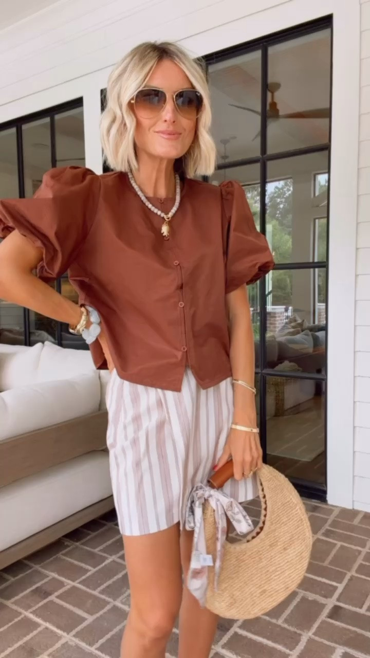 This brown top is actually an Amazon find! I love the puff sleeves! It pairs perfectly with this brown and white striped skort! Wearing S in top & XS in the skort! Loverly Grey, Amazon, Target, finds under $50, summer outfit

#LTKootd #LTKSeasonal