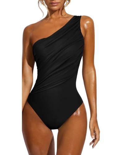 Hilor Black One Shoulder One Piece Swimsuits for Women Slimming Tummy Control Bathing Suits Ruched Swimwear Monokini 6 | Amazon (US)