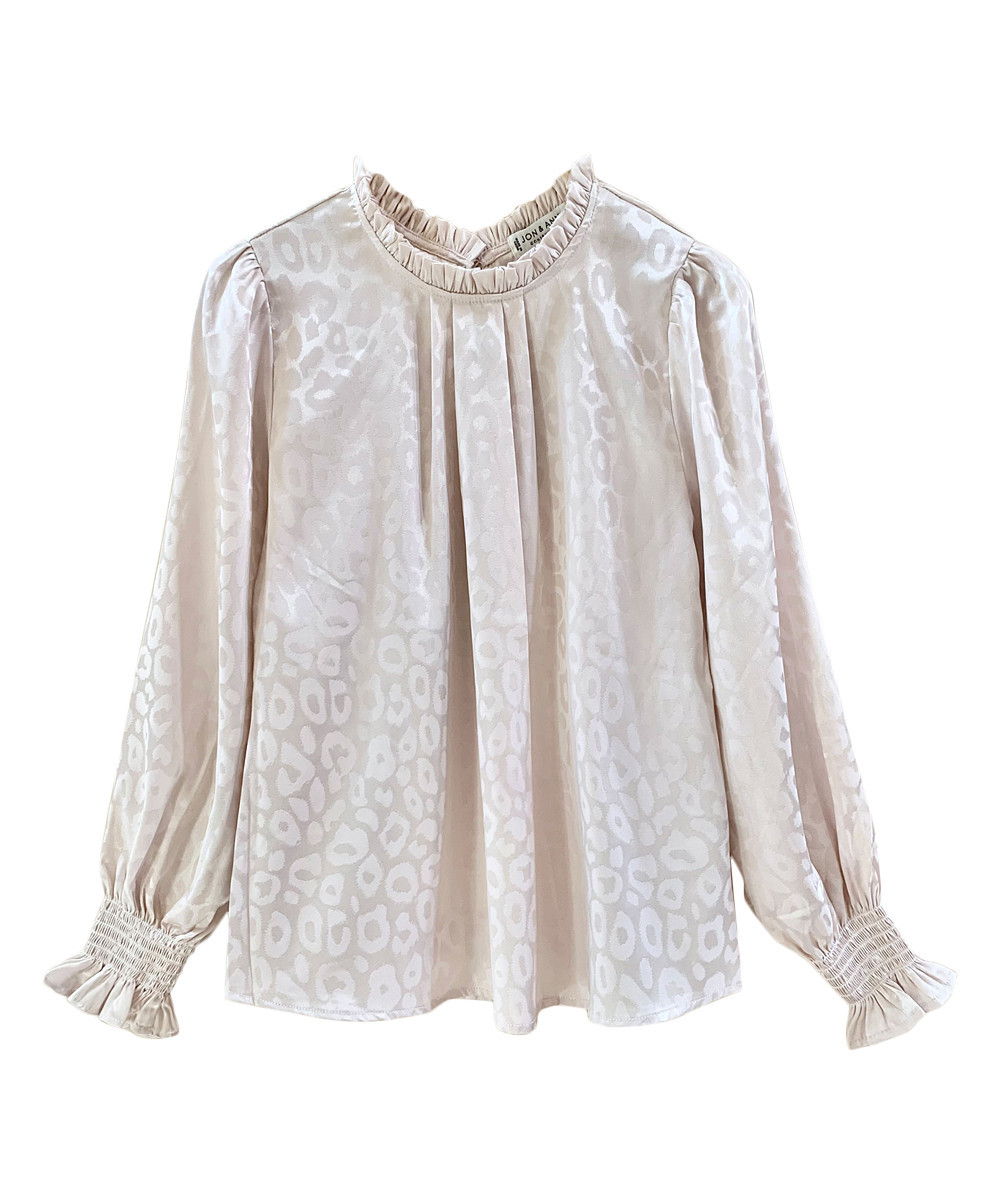 jon & anna Women's Blouses Cream - Cream Leopard Ruffle-Accent Long-Sleeve Mock Neck Top - Women | Zulily