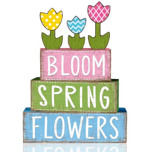 DIYDEC 6Pcs Spring Tabletop Decorations Colorful Tulip Wooden Block Signs Rustic Pastel Flower Tiered Tray Decor Spring Centerpiece Farmhouse Wood Tulip Table Sign for Kitchen Home Office Party Decor | Amazon (US)