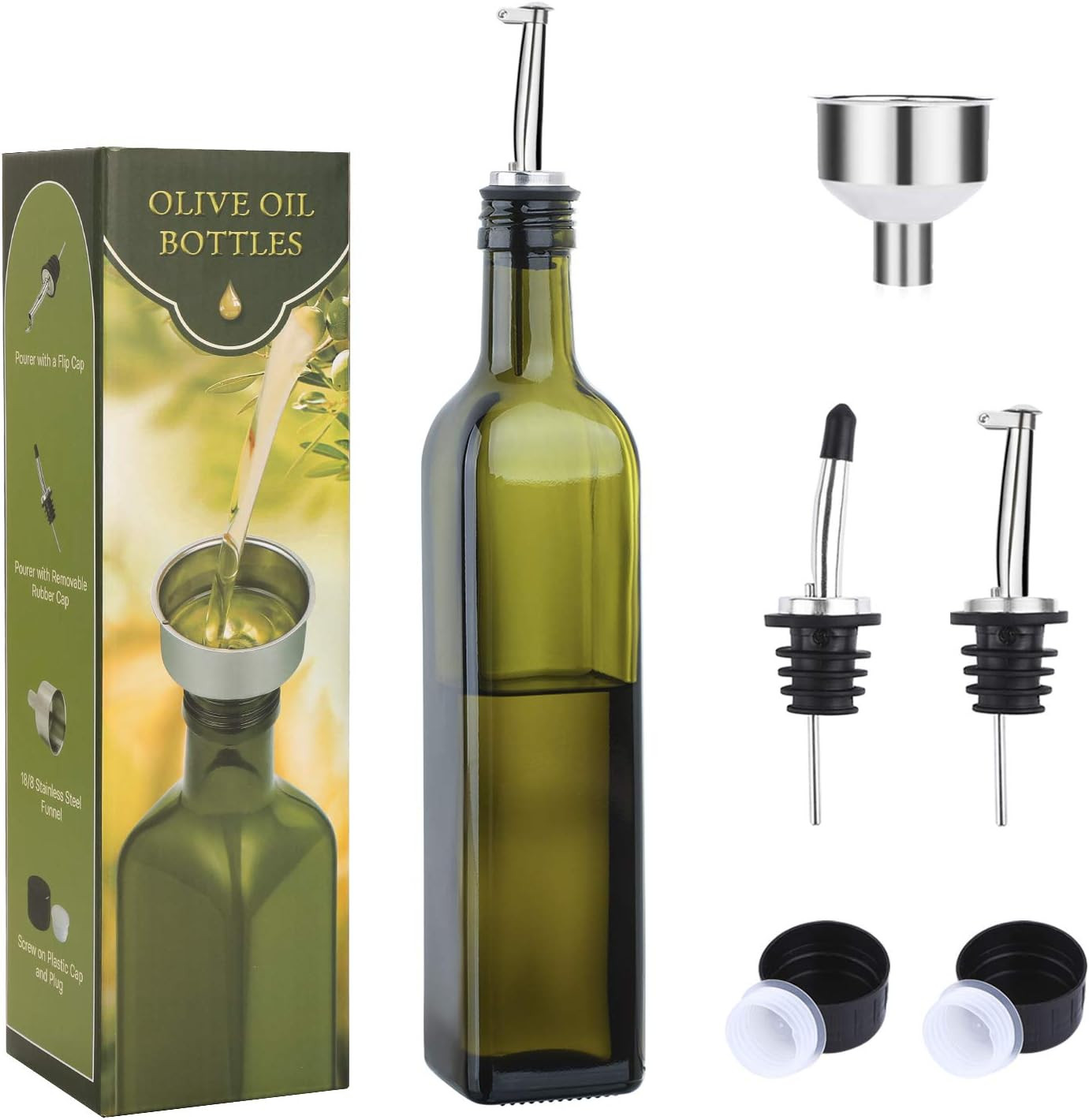 AOZITA 17oz Glass Olive Oil Bottle Dispenser - 500ml Green Oil and Vinegar Cruet with Pourers and Funnel - Olive Oil Carafe Decanter for Kitchen | Amazon (US)
