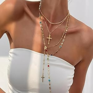 4PCS Layered Gold Cross Necklaces for Women Trendy, Bohemian Bead Pearl Y Long Pendant Necklace S... | Amazon (US)
