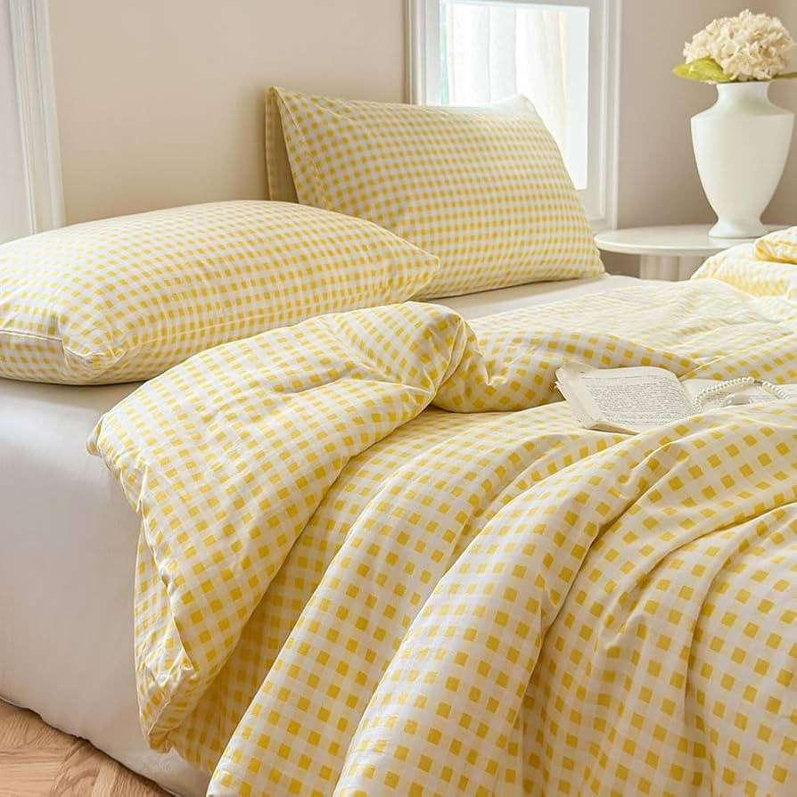 NSNLGSGC Yellow Gingham Cotton Comforter Set King, 100% Washed Cotton Red Plaid Checked Comforter... | Amazon (US)