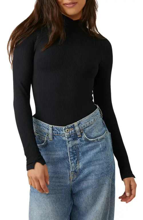 Free People XYZ Mock Neck Bodysuit in Black at Nordstrom, Size Medium | Nordstrom