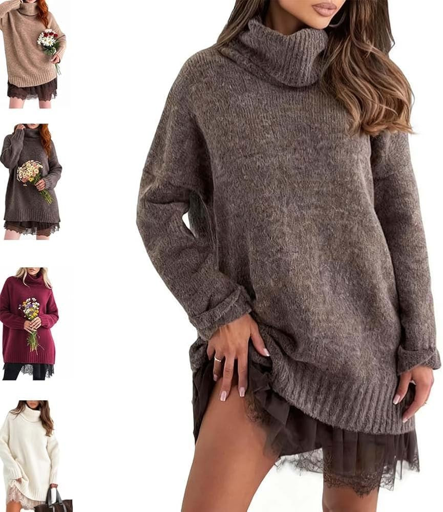 Womens Turtleneck Sweater Mini Dress Set, Casual Fall Sweaters with Lace-Trim Skirt Pullover Long... | Amazon (CA)