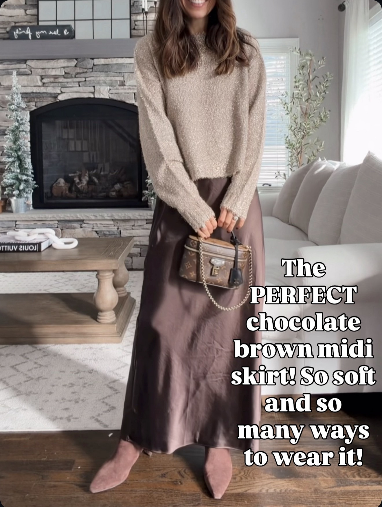 The PERFECT chocolate brown midi skirt — soft, flowy, and so easy to style. Dress it up or down! Wearing size xs and small sweater 

#LTKHoliday #LTKootd #LTKGiftGuide