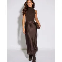 Gini London Women's Brown Contrast Lace Trim Satin Bias Skirt - Size: 12 | Love the Sales UK