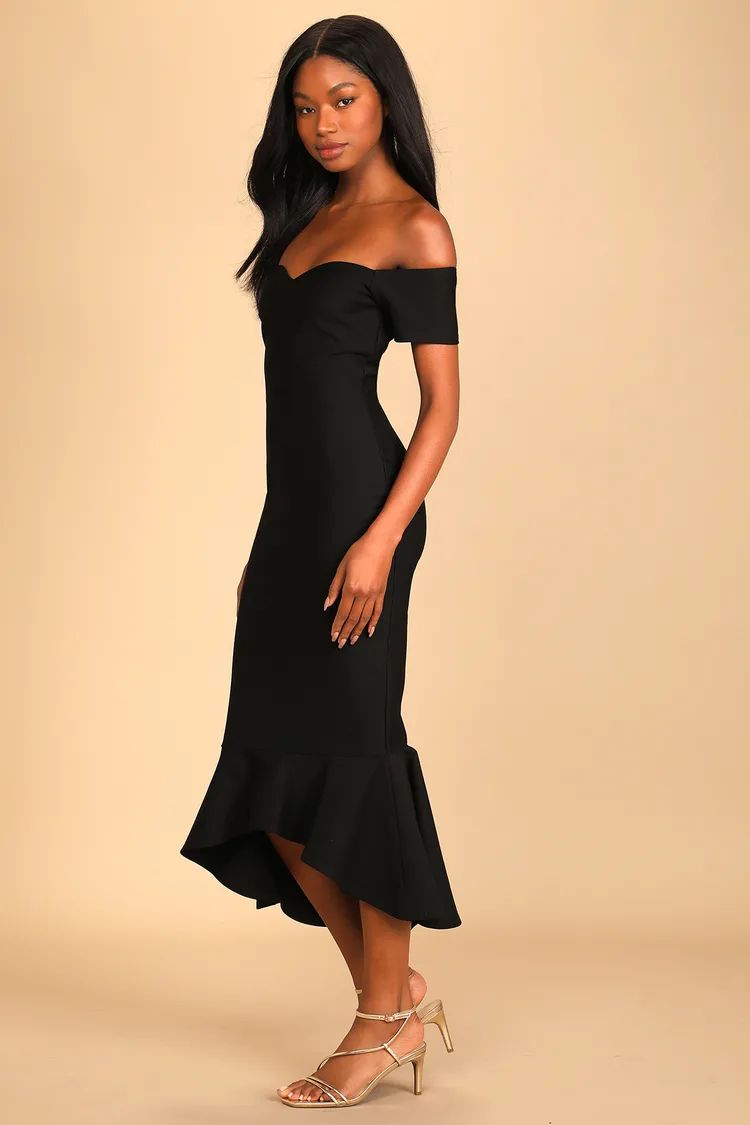 How Much I Care Black Off-the-Shoulder Midi Dress | Lulus